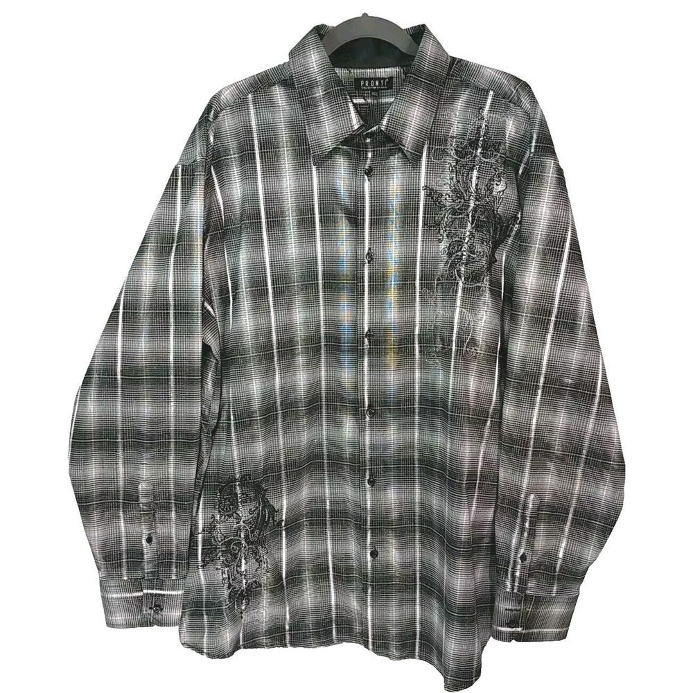 pronti collection by phita Grey Black Pattern‎ Tinsel Embroidered Shirt Size 3XL